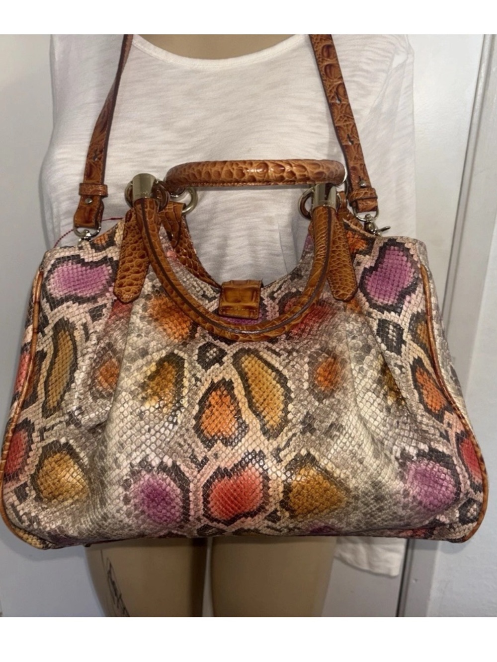 Brahmin Adrian satchel in a multi-color python print finish